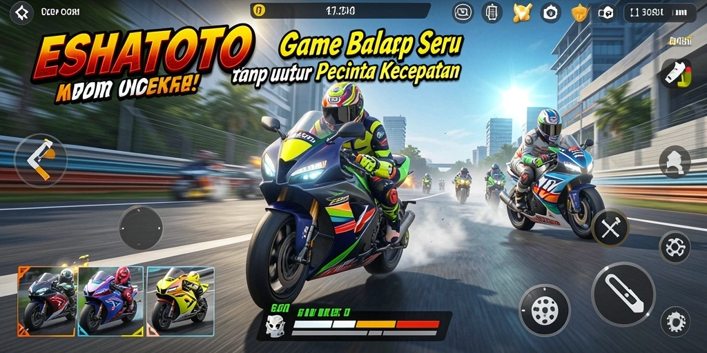 Screenshot gameplay ESHATOTO menampilkan balapan motor yang intens.